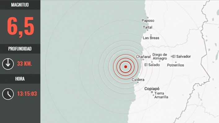 Fuerte sismo de magnitud 6,5 se percibe en la Regi&oacute;n de Atacama